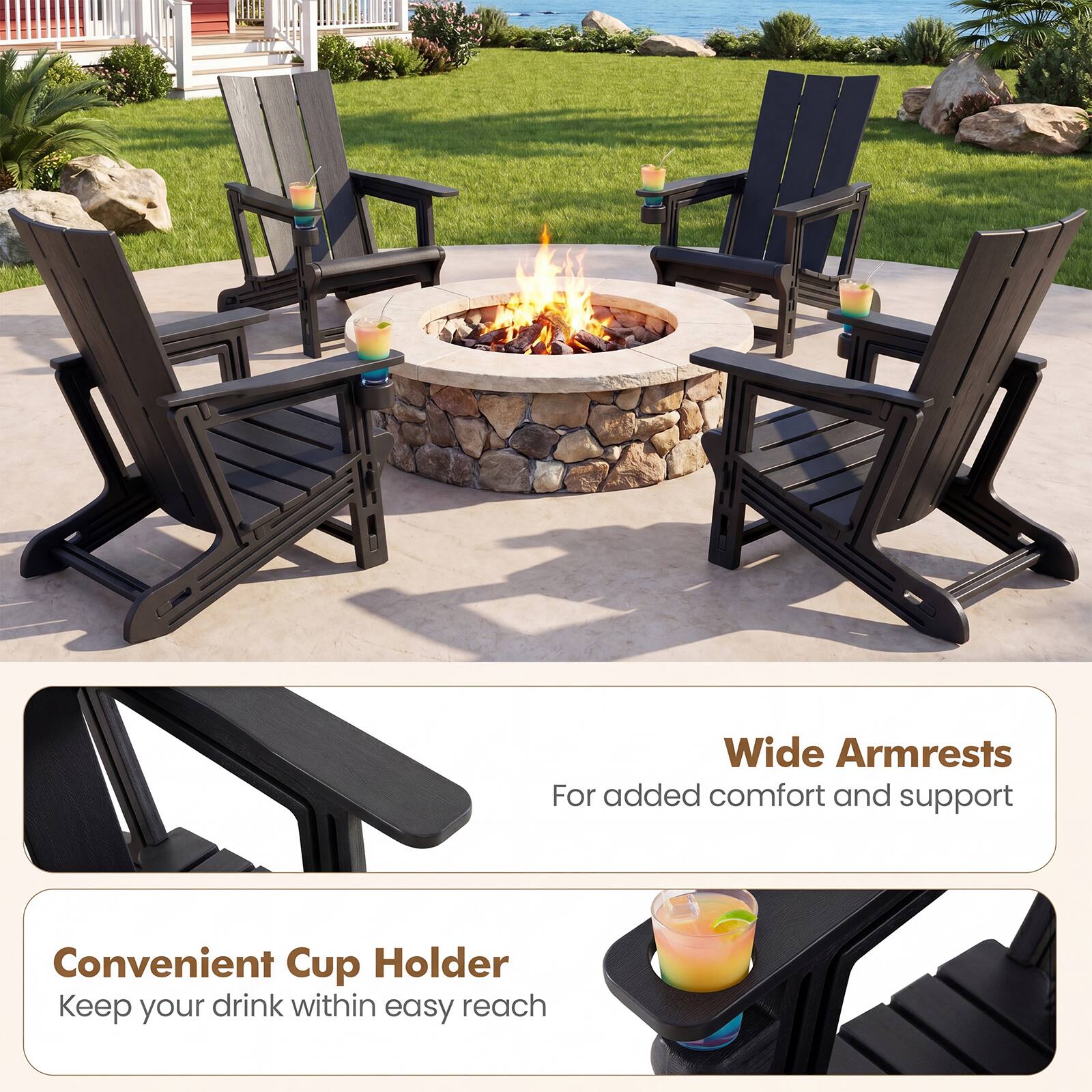 Wide Armrests  
For added comfort and support  

Convenient Cup Holder  
Keep your drink within easy reach
