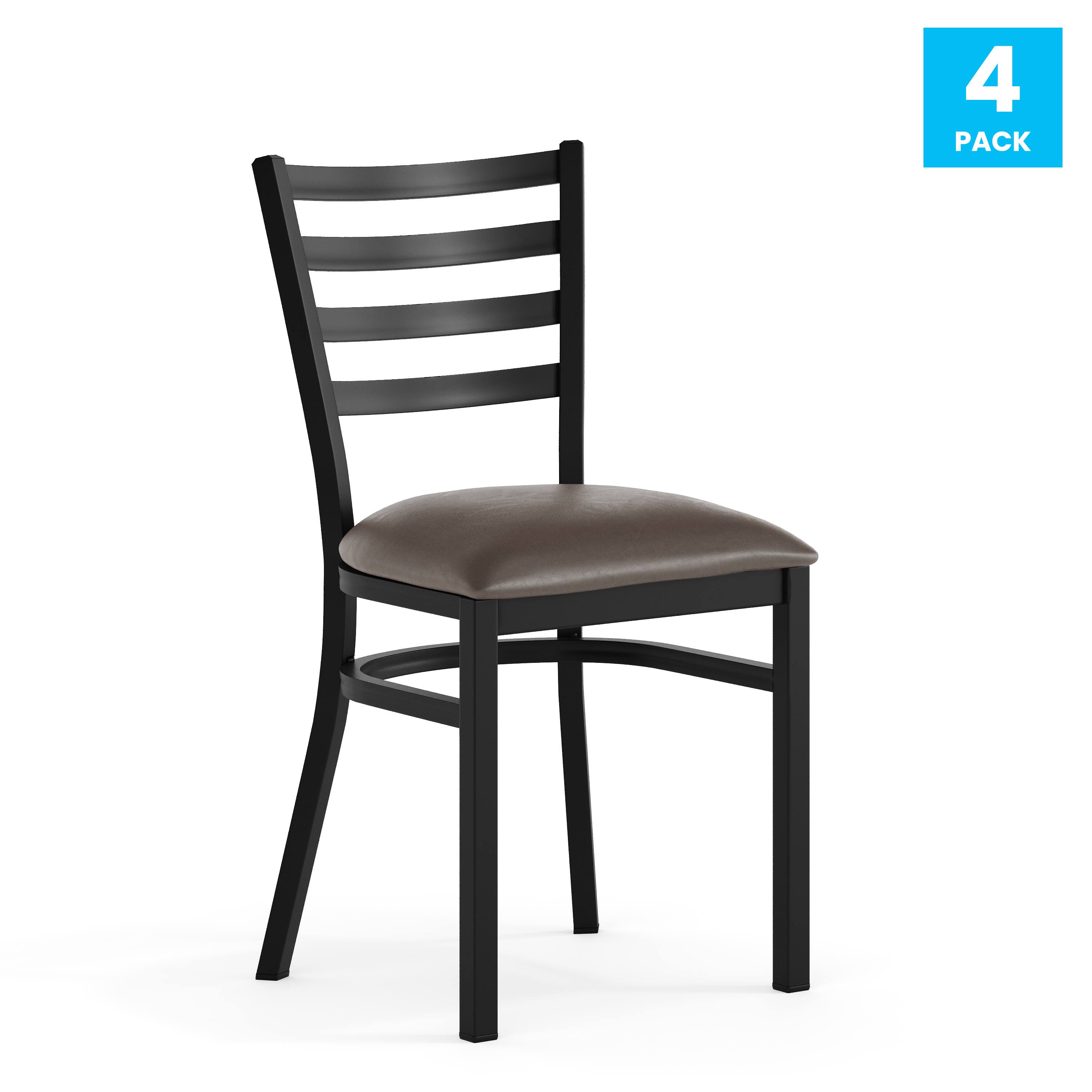Alt View 1. Emma + Oliver - 4 Pack Ladder Back Metal Restaurant Chair - Upholstered Seat - Mocha Vinyl Seat/Black Metal Frame.