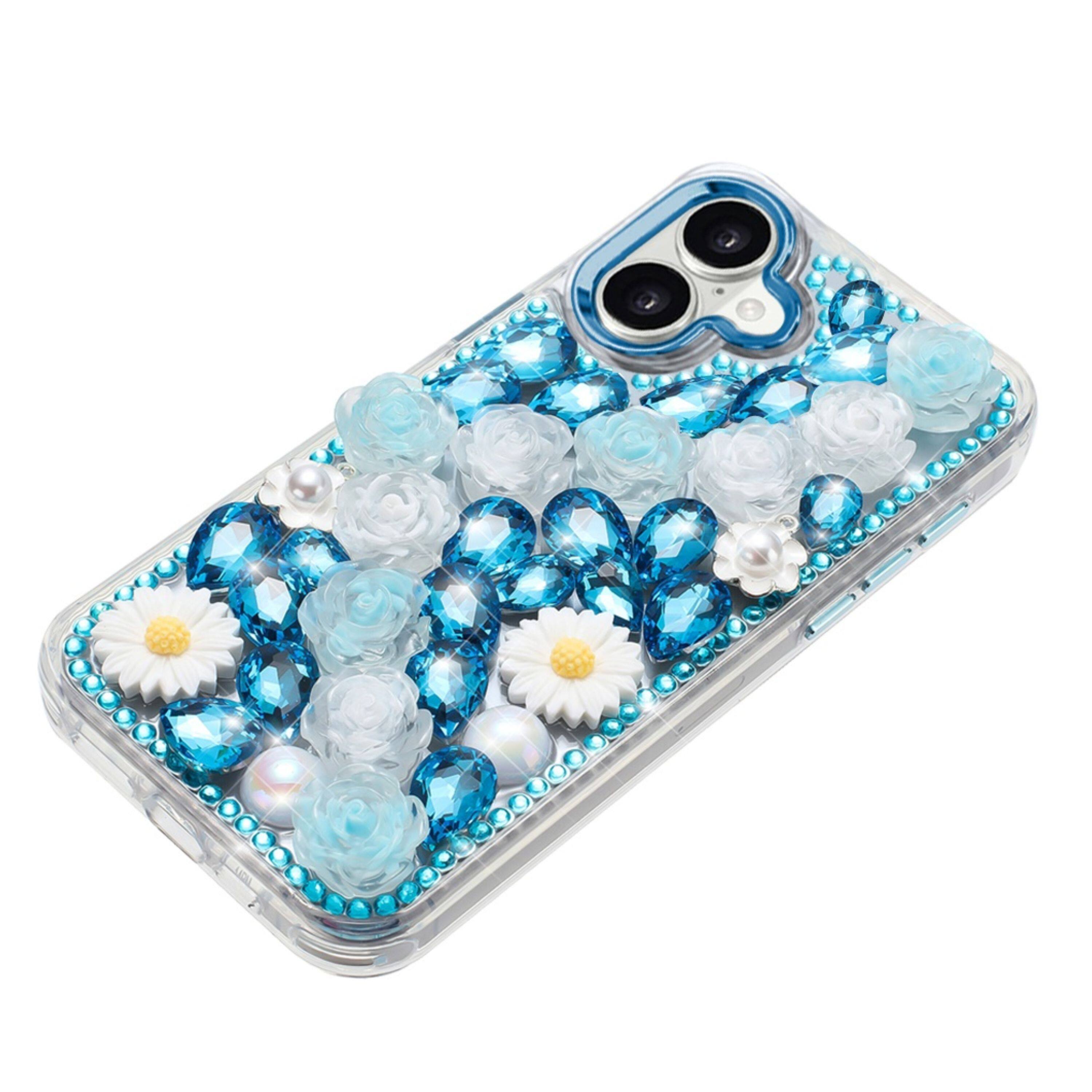 Angle. Kitcheniva - Full 3D Faux Jewel Floral Phone Case With Tempered Glass For iPhone 17 Blue - Blue.