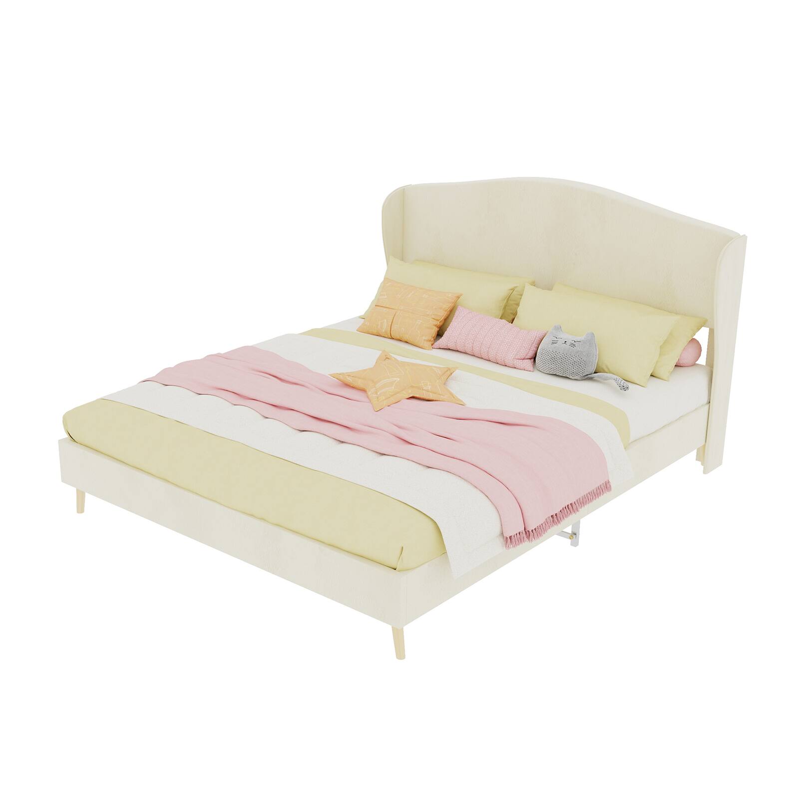 Alt View 3. Loheer - Loheer Beige Velvet Upholstered Queen Bed Frame Sturdy Luxury Bedroom Furniture - Beige.