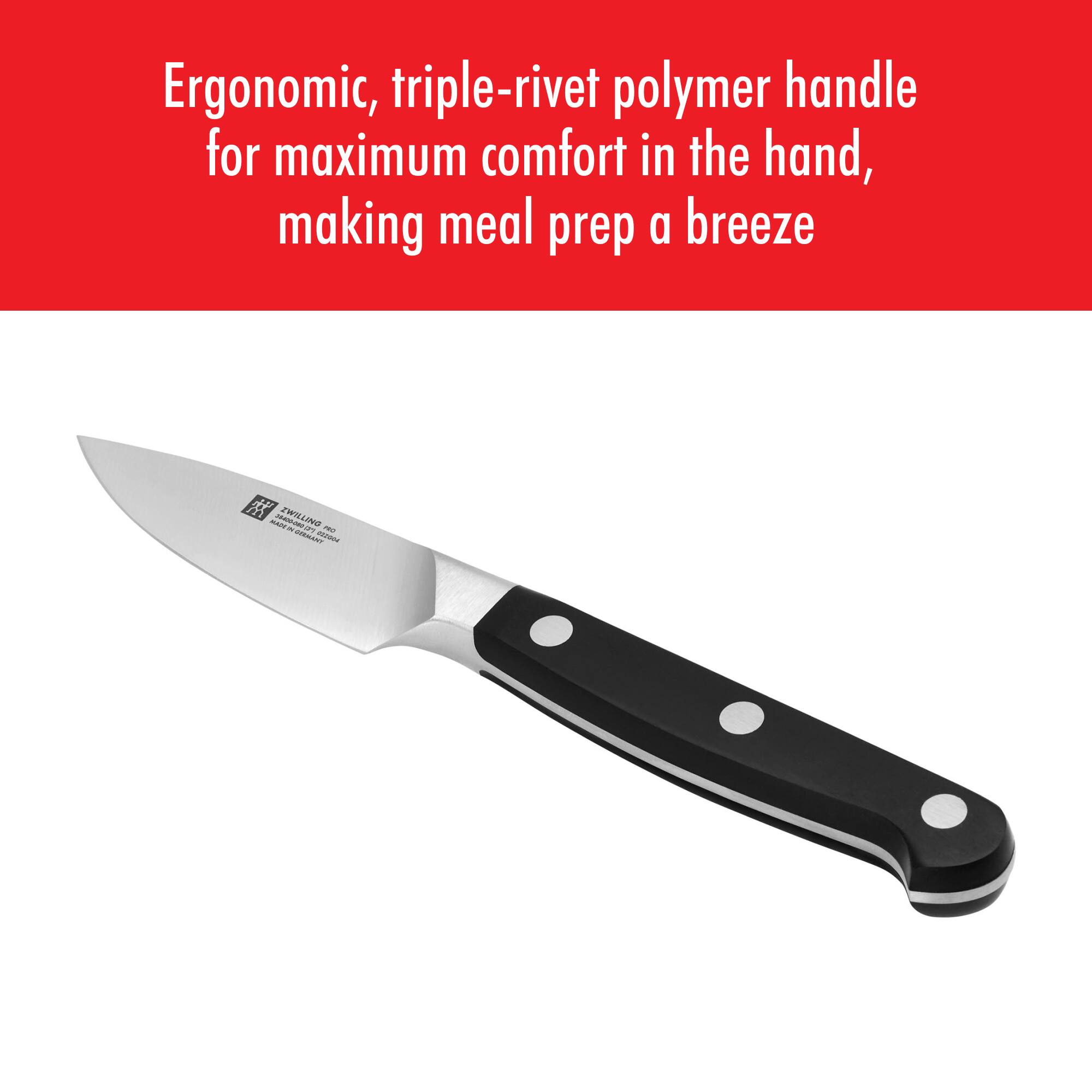 Ergonomic, triple-rivet polymer handle for maximum comfort in the hand, making meal prep a breeze