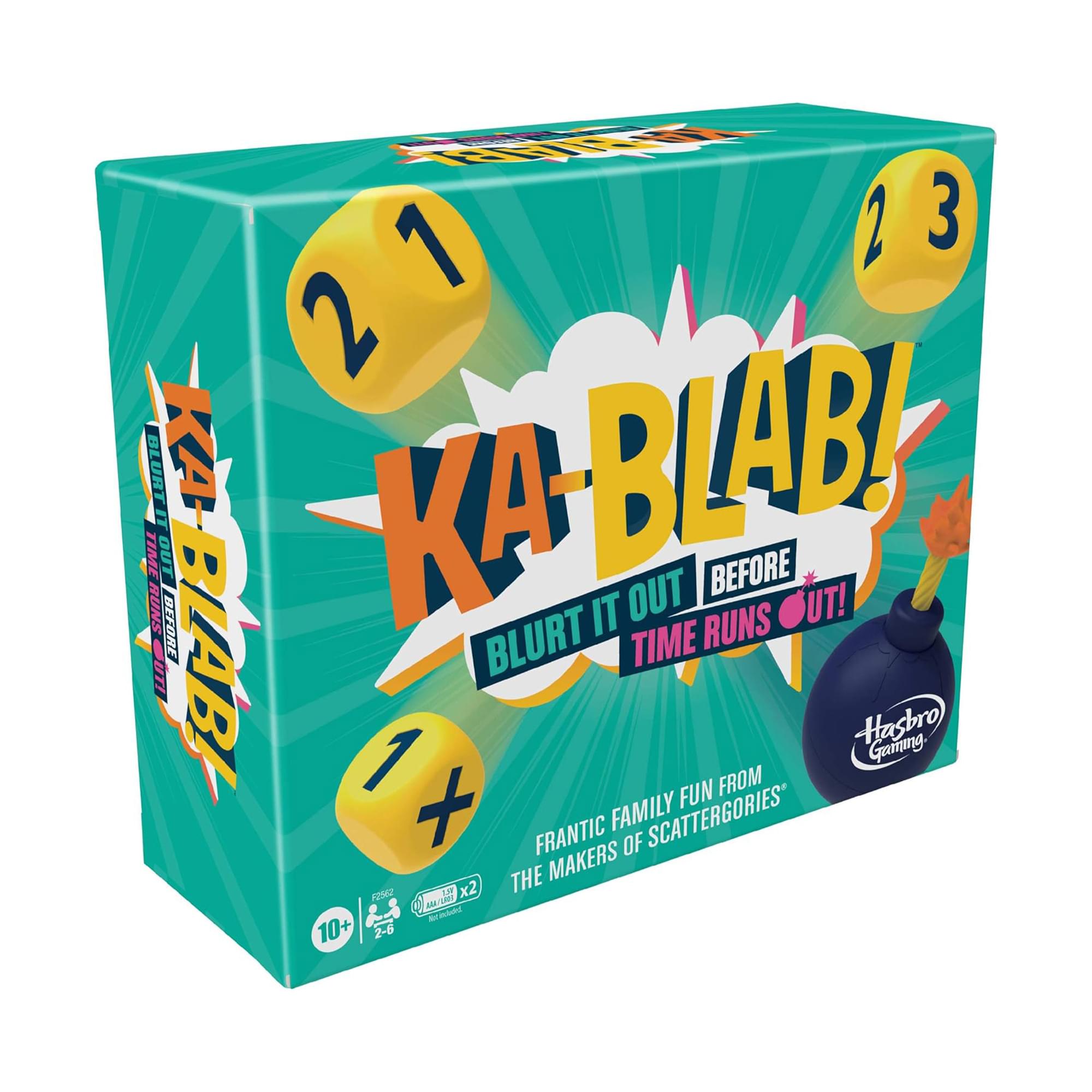 Ka-Blab!  
Blurt It Out Before Time Runs Out!  
Frantic Family Fun from the Makers of Scattergories*  
Hasbro Gaming  
10+  
2-6