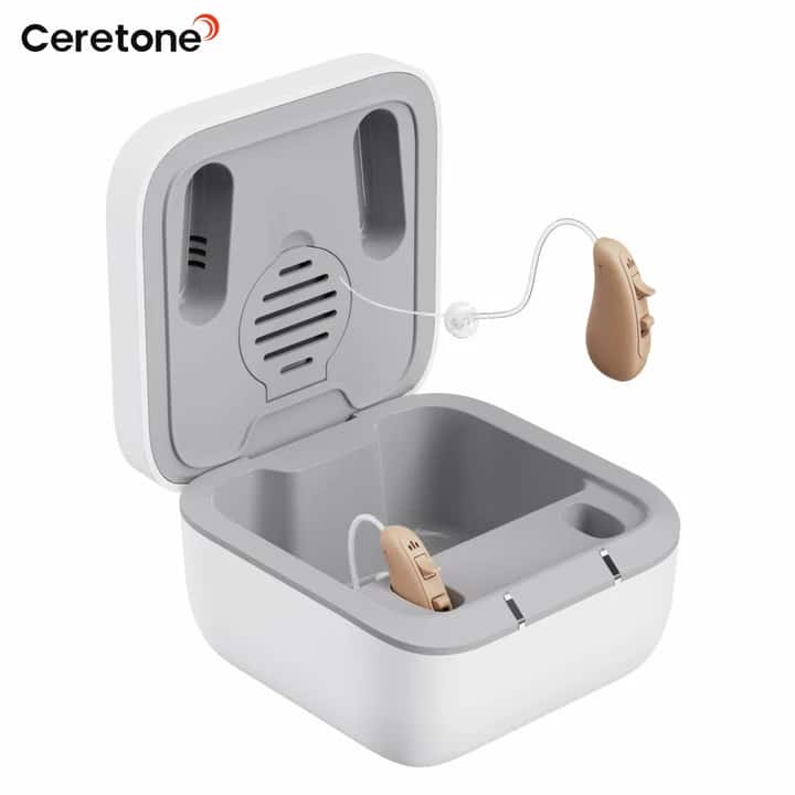 Ceretone - Solid Rechargeable OTC Hearing Aids - Natural Sound, Noise Reduction, Comfortable BTE Fit, Portable Charging Case - Beige