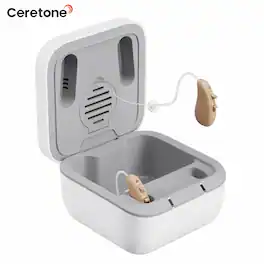 Ceretone - Solid Rechargeable OTC Hearing Aids - Natural Sound, Noise Reduction, Comfortable BTE Fit, Portable Charging Case - Beige