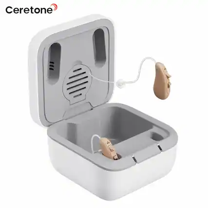 Front. Ceretone - Solid Rechargeable OTC Hearing Aids - Natural Sound, Noise Reduction, Comfortable BTE Fit, Portable Charging Case - Beige.