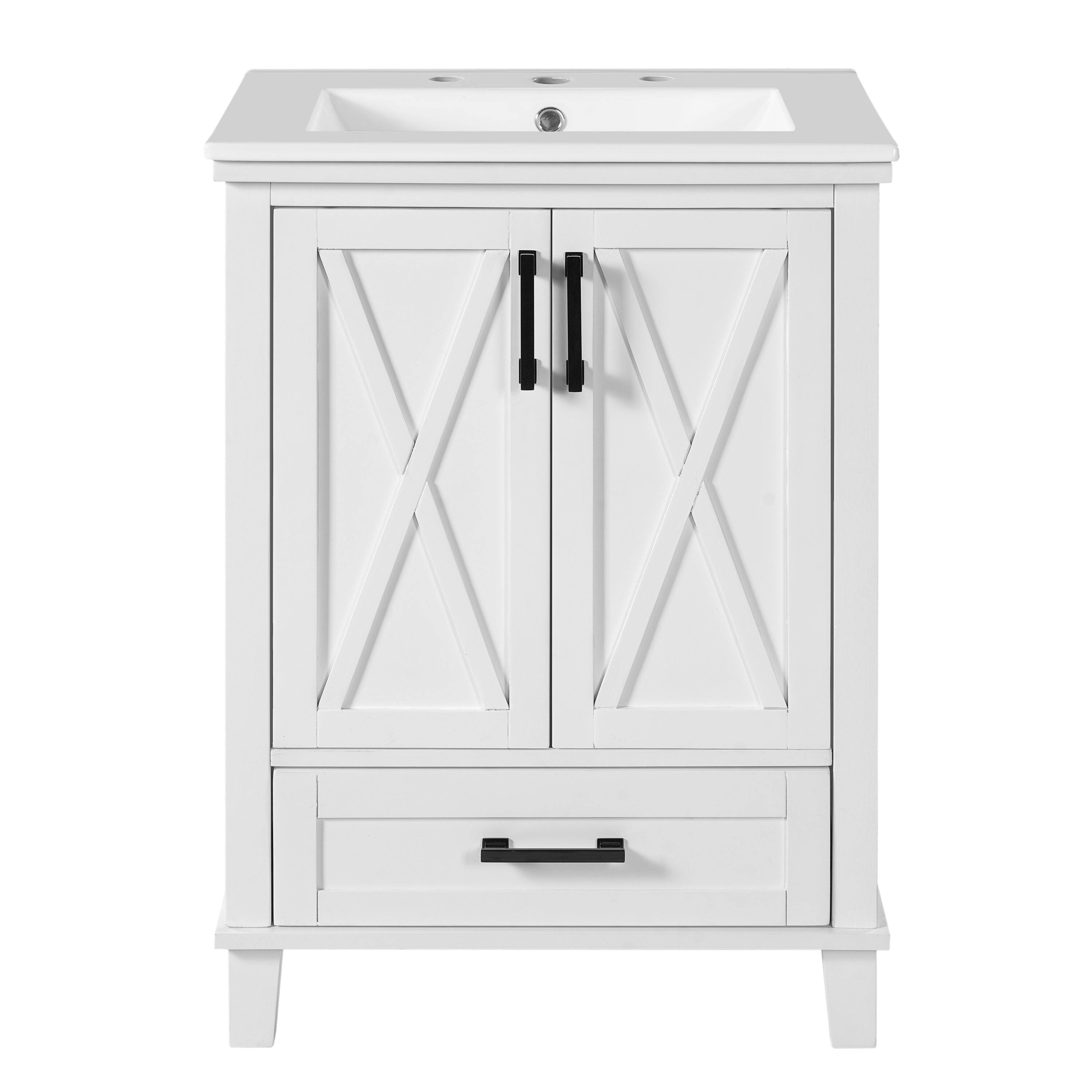 Angle. Boyel Living - 24 Inch White Bathroom Vanity with Ceramic Sink, 2 Soft Close Doors, 1 Divided Drawer, Dual Door Shelves - White.