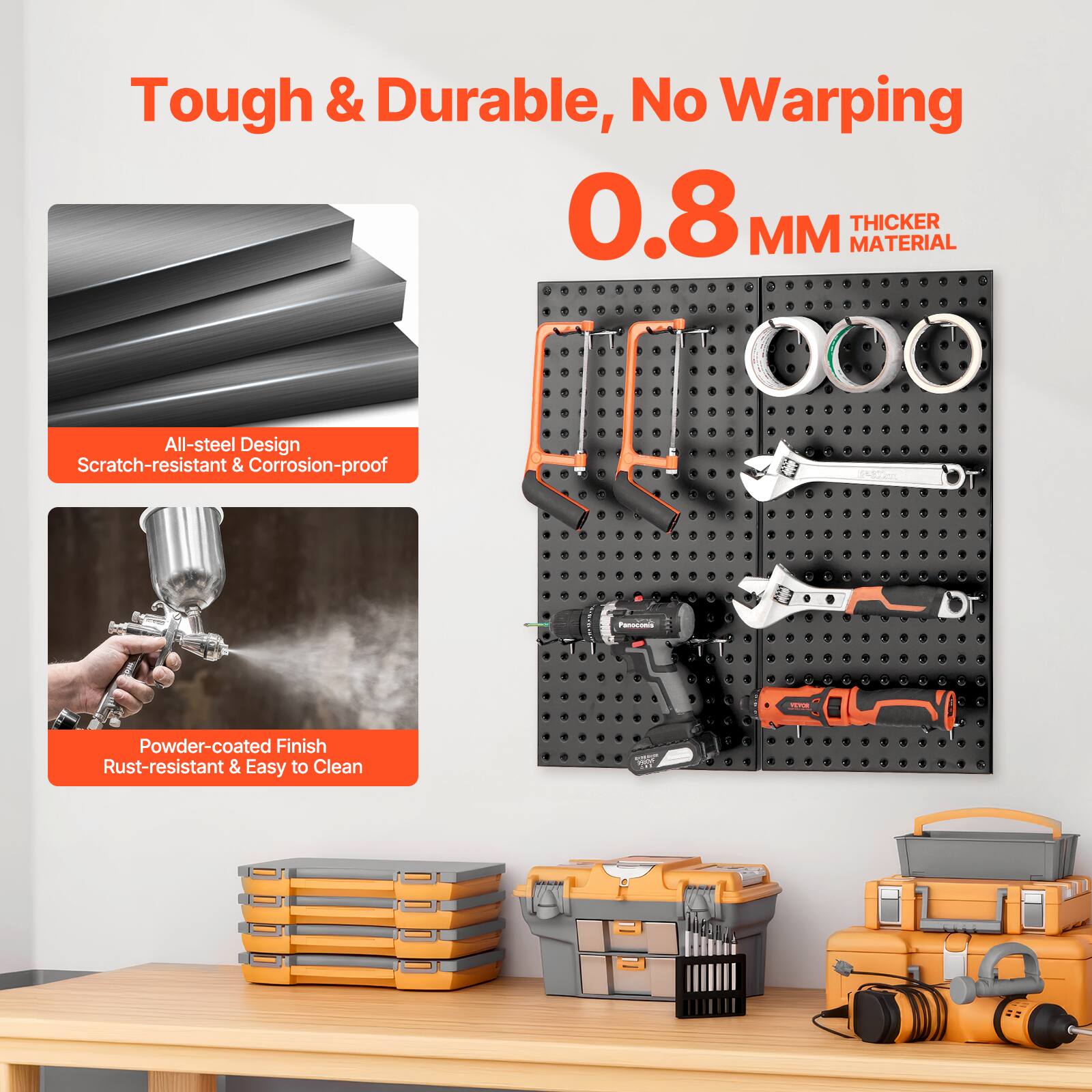 Tough & Durable, No Warping  
0.8 MM THICKER MATERIAL  

All-steel Design  
Scratch-resistant & Corrosion-proof  

Powder-coated Finish  
Rust-resistant & Easy to Clean