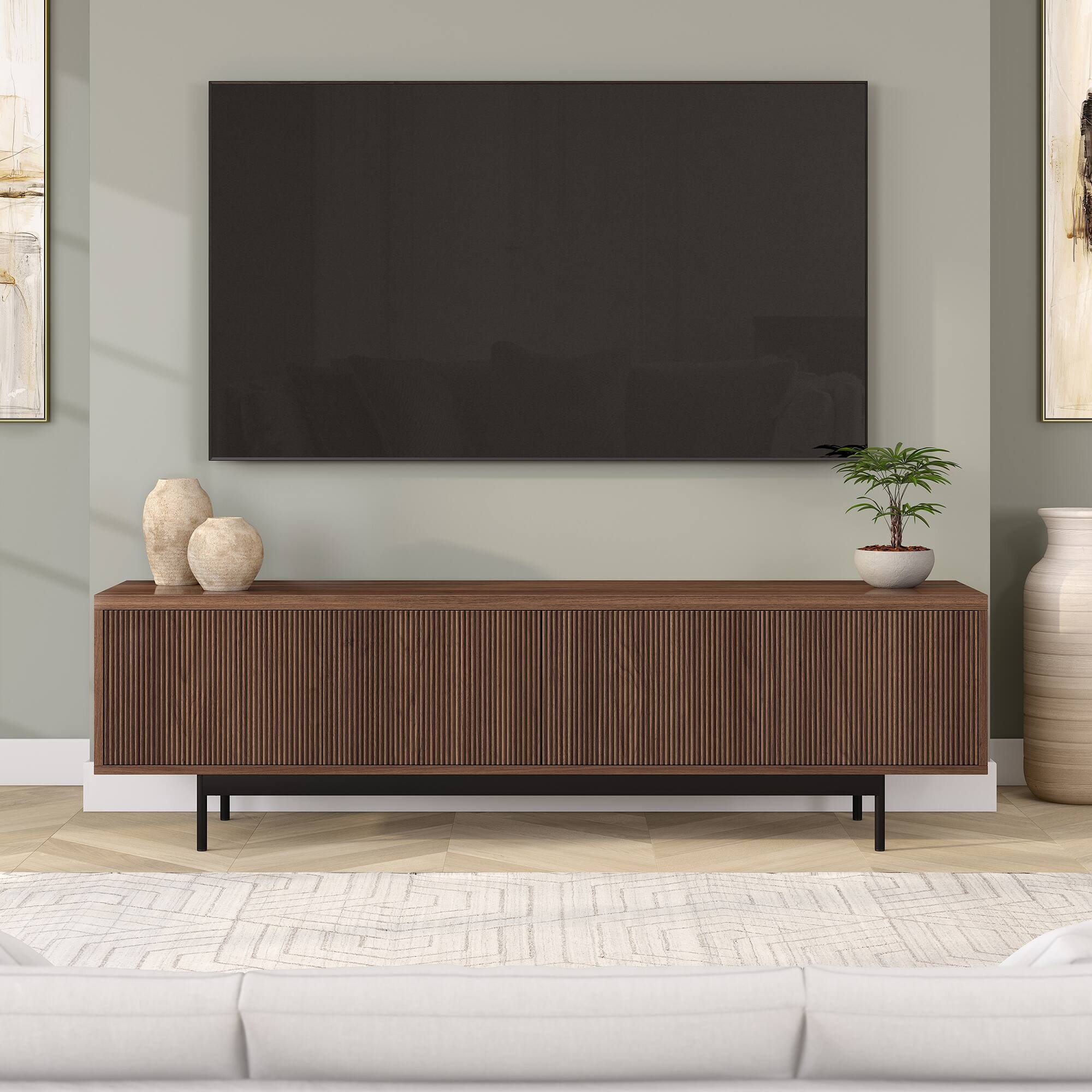 Alt View 2. Hudson&Canal - Whitman Rectangular Fluted TV Stand for TV's up to 75" in Satin Walnut - Satin Walnut.