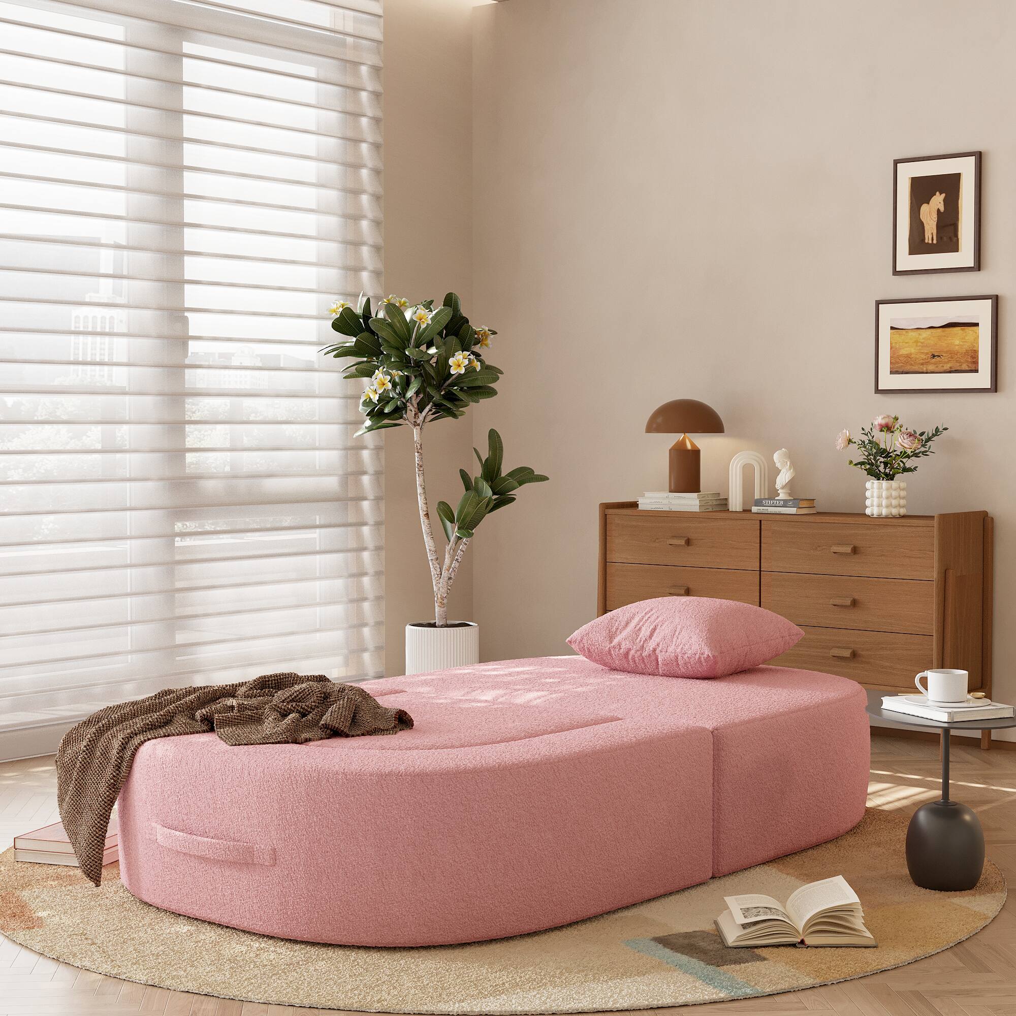 Back. Yardgrace - Boneless Sofa Chair Lounge Chair for Living Room, Modern Convertible Upholstered Sofa, Comfy Sherpa Leisure Couch - Pink.