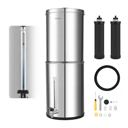 Front. VEVOR - Gravity-fed Water Filter System,3.25G 304 Stainless-Steel Countertop Water Filtration System, Reduces Lead and up to 99% - Silver.