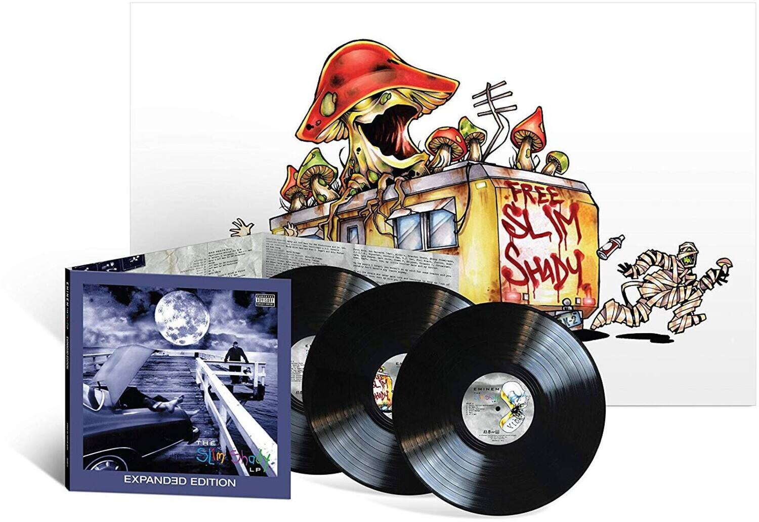 Sure, here is the corrected and grouped text from the image:

---

**Album Cover:**
- THE SLIM SHADY LP
- EXPANDED EDITION

**Vinyl Labels:**
- EMINEM
- THE SLIM SHADY LP

**Illustration:**
- FREE SLIM SHADY

**Additional Text:**
- P2EERI NU JERSm iIn THE SLn S had LP EXPANDED EDITION Ba LM N FREE SL M SHADY K-2 EMINEN IIA 08-