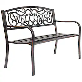 Gymax - Antique Metal Garden Bench Patio Park Outdoor w/ Armrest Welcome Pattern - Bronze