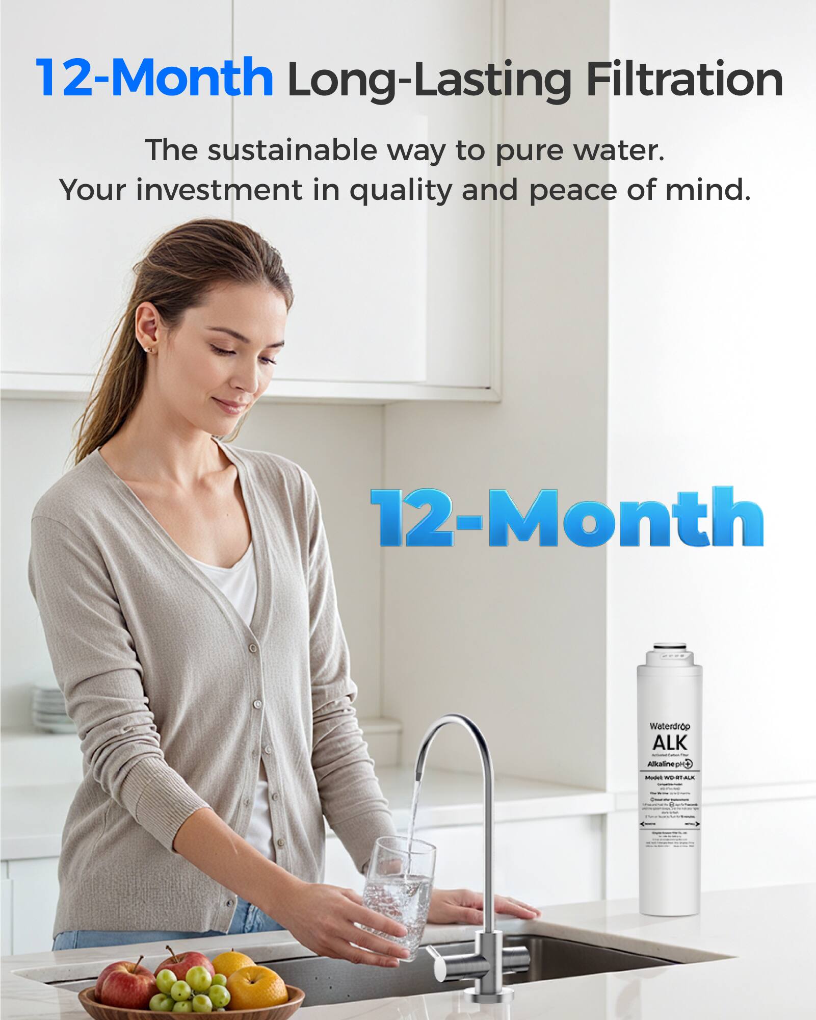 12-Month Long-Lasting Filtration  
The sustainable way to pure water.  
Your investment in quality and peace of mind.  

12-Month  

Waterdrop ALK  
Model: WD-RT-ALK