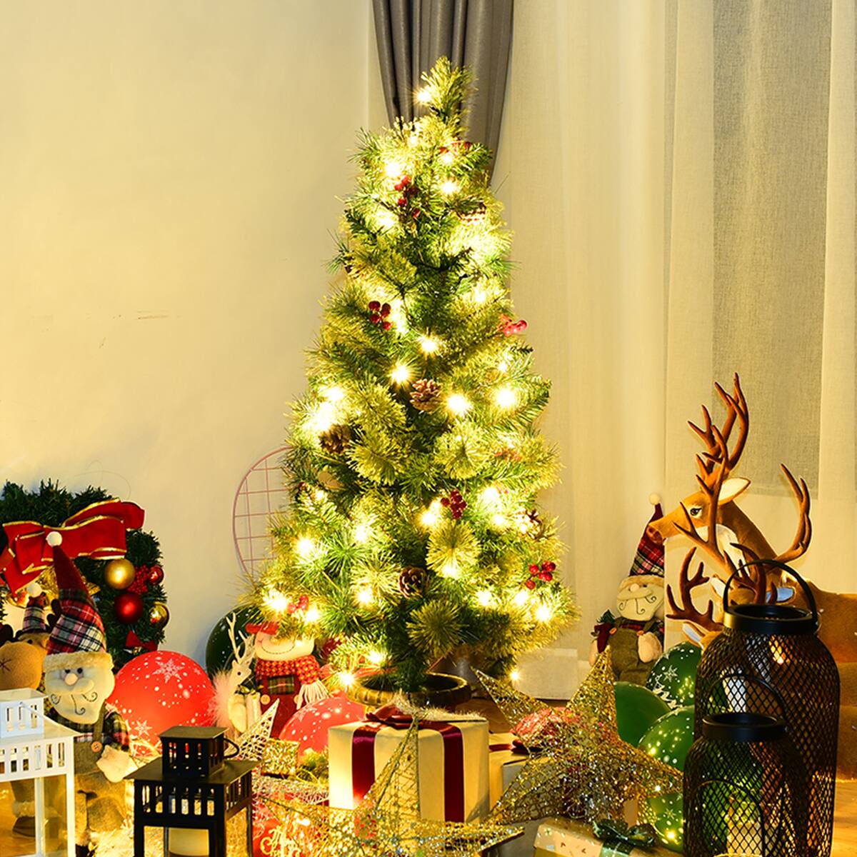 Alt View 12. Costway - 5ft Pre-Lit Christmas Entrance Tree In Urn w/100 LED Light Red Berries Pine Cone - Green.