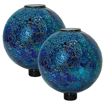 Front. Sunnydaze - Mosaic Gazing Ball with Solar Light - 10 in - 2pk - Deep Ocean Swirl.