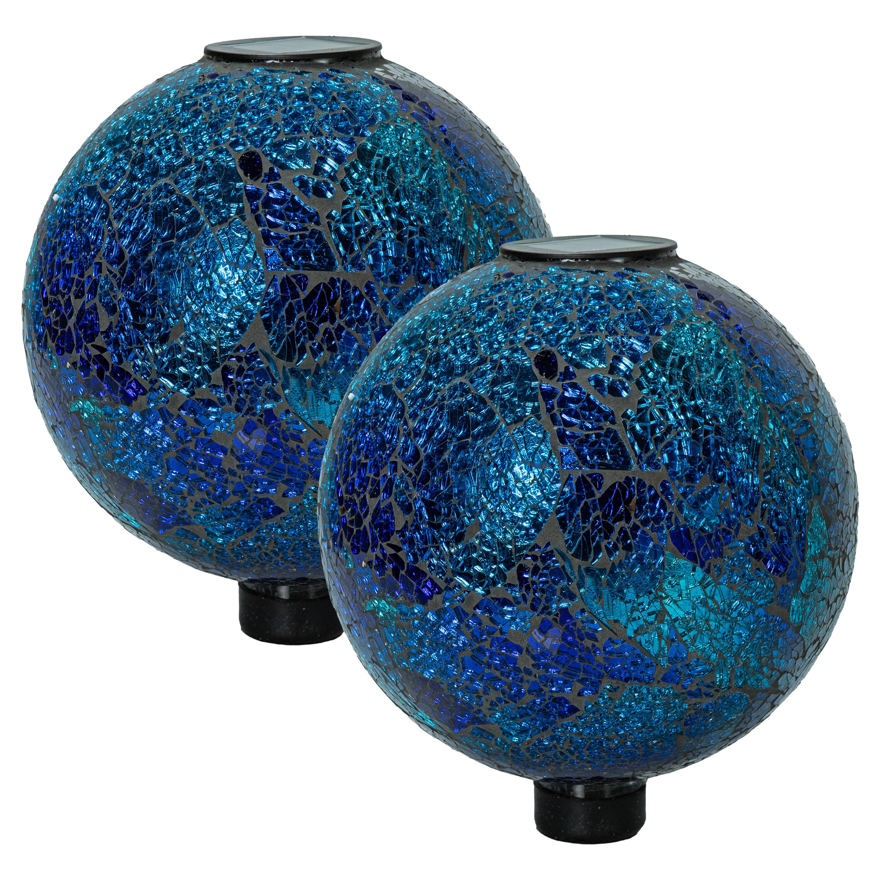 Front. Sunnydaze - Mosaic Gazing Ball with Solar Light - 10 in - 2pk - Deep Ocean Swirl.