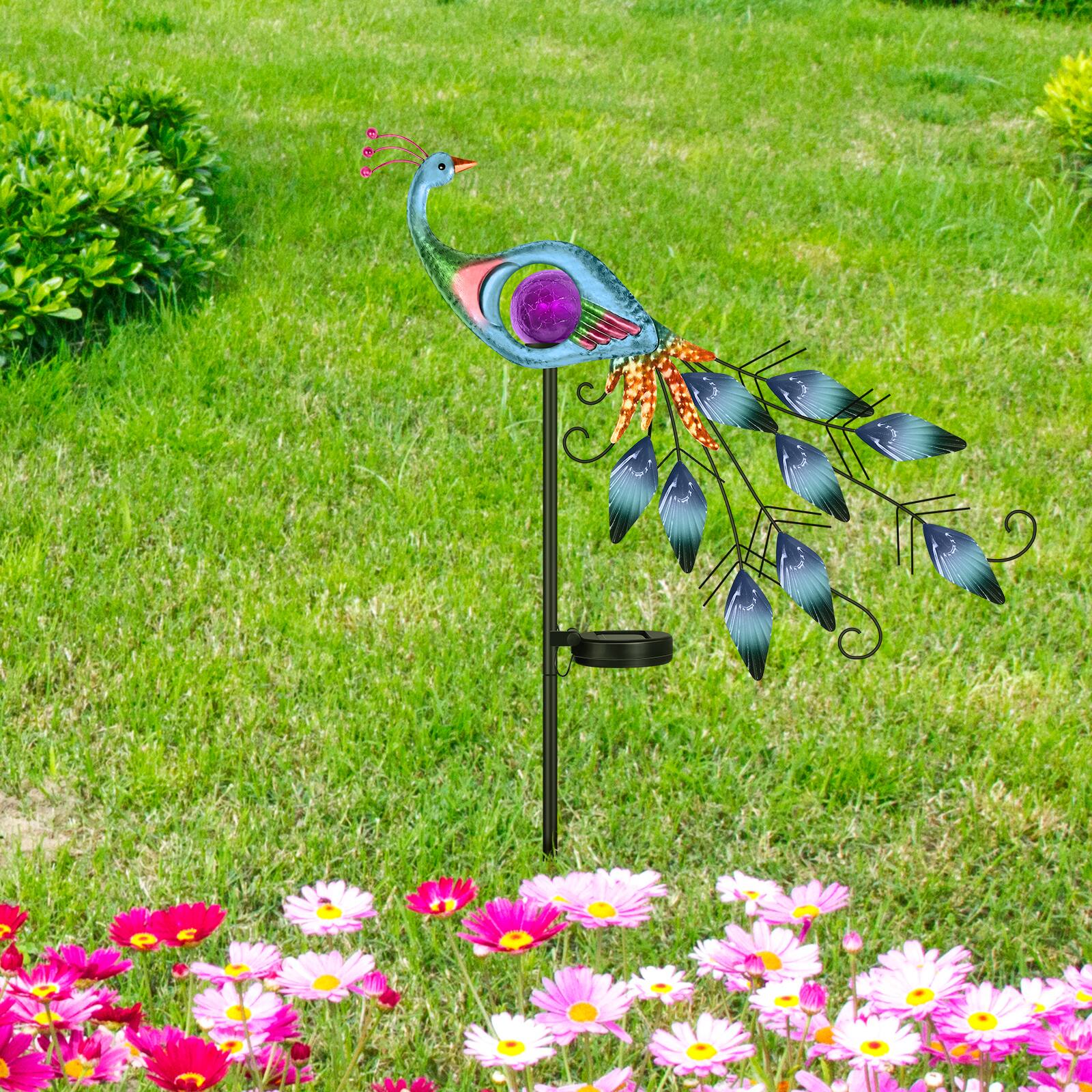 Alt View 1. Oumilen - Solar Painted Metal Peacock Garden Stake Light – Purple Crackle Globe LED Solar Ground Lamp for Yard.