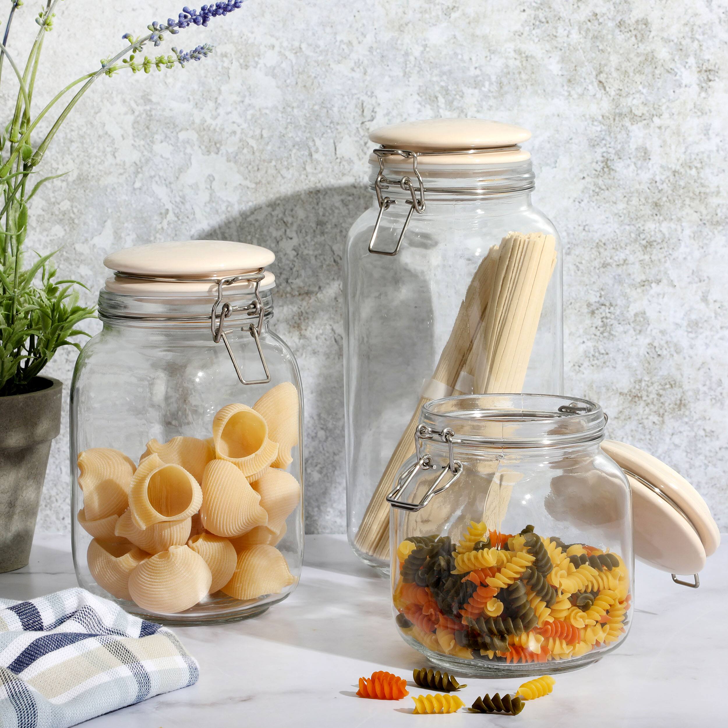 Alt View 2. Martha Stewart - Martha Stewart Rindleton 3 Piece Glass Canister Set with Ceramic Lids in Off-White - White.