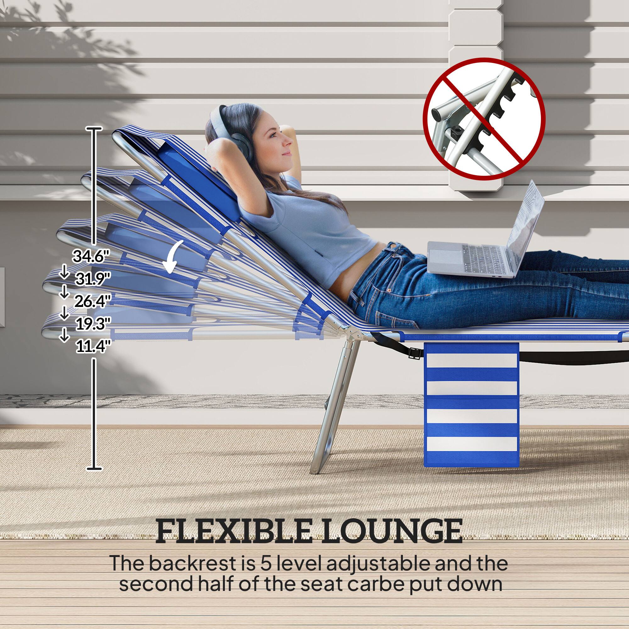34.6" 31.9" 26.4" 19.3" 11.4" FLEXIBLE LOUNGE  
The backrest is 5 level adjustable and the second half of the seat can be put down