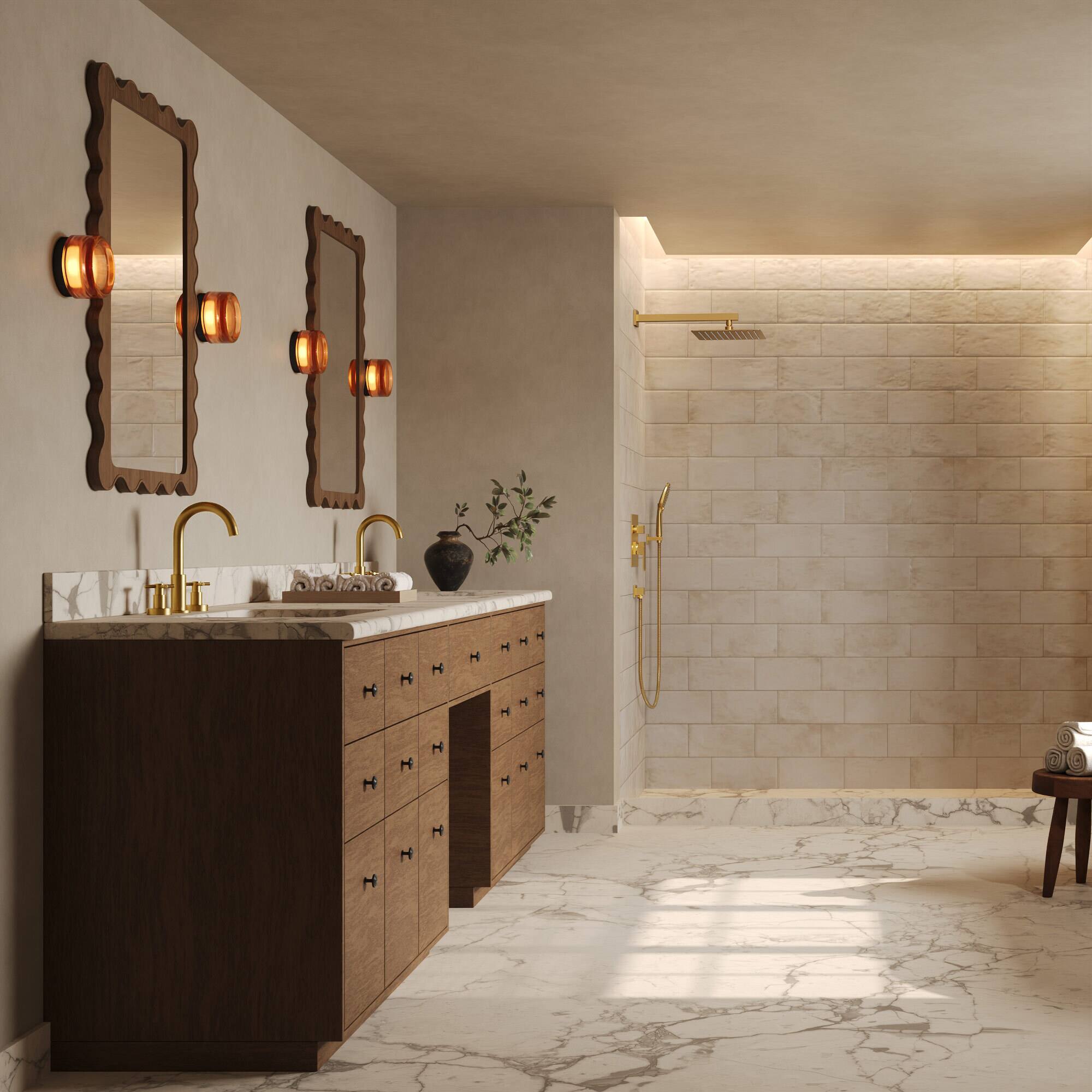 Alt View 3. GRANDJOY - Thermostatic Shower Faucet Set with 10" Rain Shower Head and Handheld Sprayer for Wall Mounted Installation - Brushed Gold.