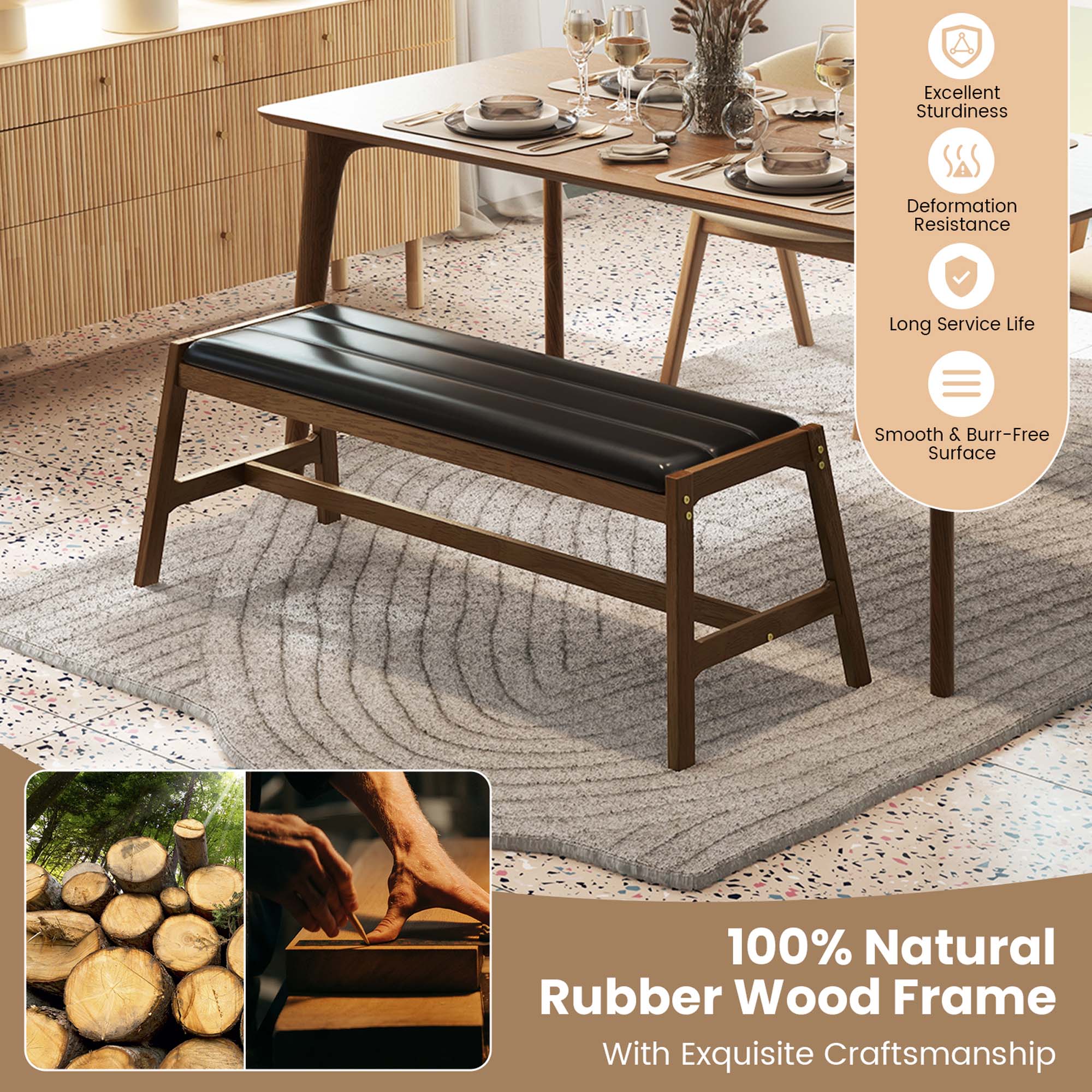 The text on the image reads: "Excellent Sturdiness Deformation Resistance Long Service Life Smooth & Burr-Free Surface 100% Natural Rubber Wood Frame With Exquisite Craftsmanship."