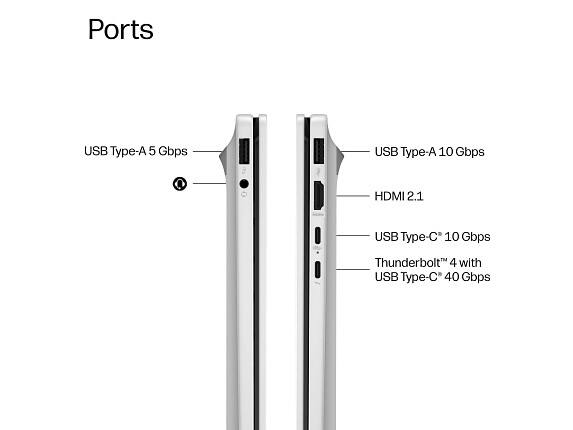 Ports

- USB Type-A 5 Gbps
- USB Type-A 10 Gbps
- HDMI 2.1
- USB Type-C 10 Gbps
- Thunderbolt 4 with USB Type-C 40 Gbps