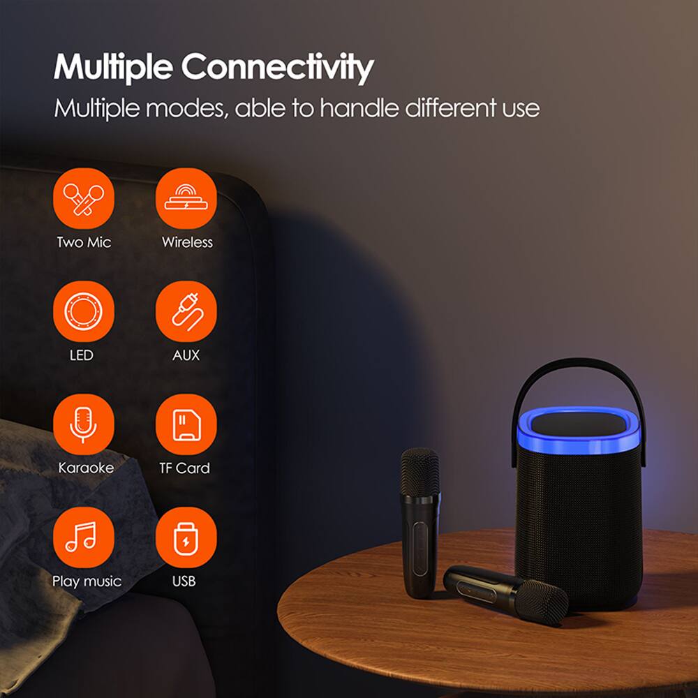 Multiple Connectivity  
Multiple modes, able to handle different use  

- Two Mic  
- Wireless  
- LED  
- AUX  
- Karaoke  
- TF Card  
- Play music  
- USB