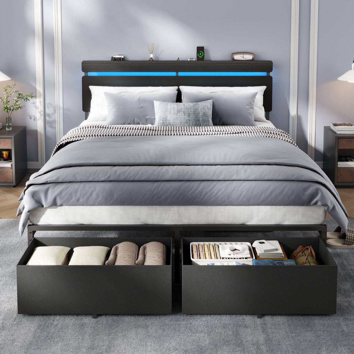 Alt View 2. Furnulem - Platform Bed with 2 Drawers and Open Storage Headboard Adjustable LED Light and Charging Station - Black.