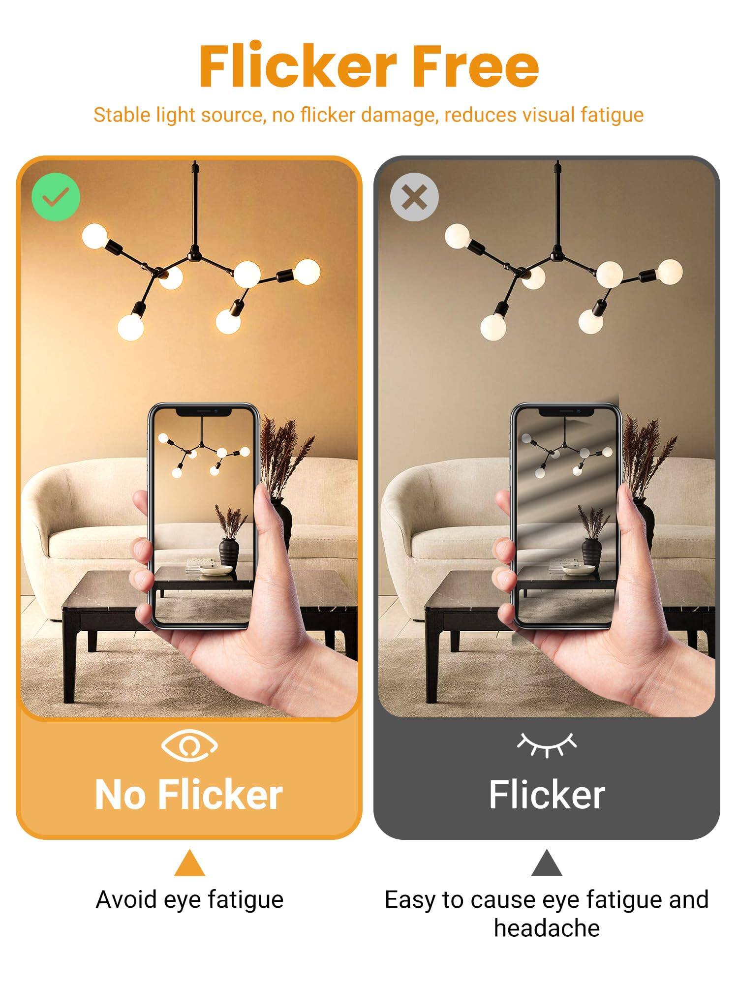 Flicker Free  
Stable light source, no flicker damage, reduces visual fatigue  

No Flicker  
Avoid eye fatigue  

Flicker  
Easy to cause eye fatigue and headache