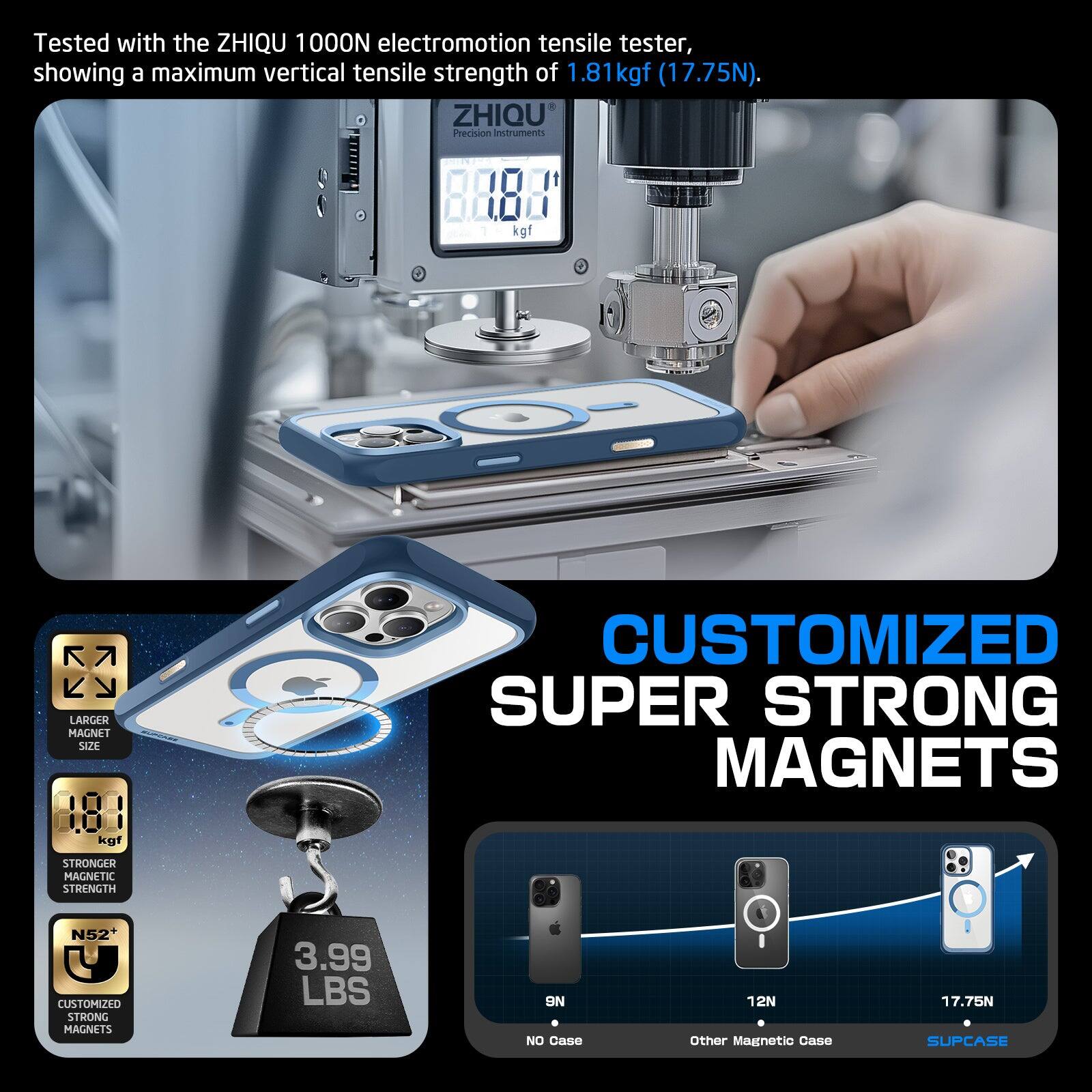Tested with the ZHIQU 1100N electromotion tensile tester, showing a maximum vertical tensile strength of 1.81 kgf (17.75N). ZHIQU Precision Instruments:

- LARGER MAGNET SIZE
- STRONGER MAGNETIC STRENGTH
- CUSTOMIZED SUPER STRONG MAGNETS N52+
- CUSTOMIZED STRONG MAGNETS 3.99 LBS (1.81 kgf)
- NO Case: 12N
- Other Magnetic Case: 17.75N
- SUPCASE