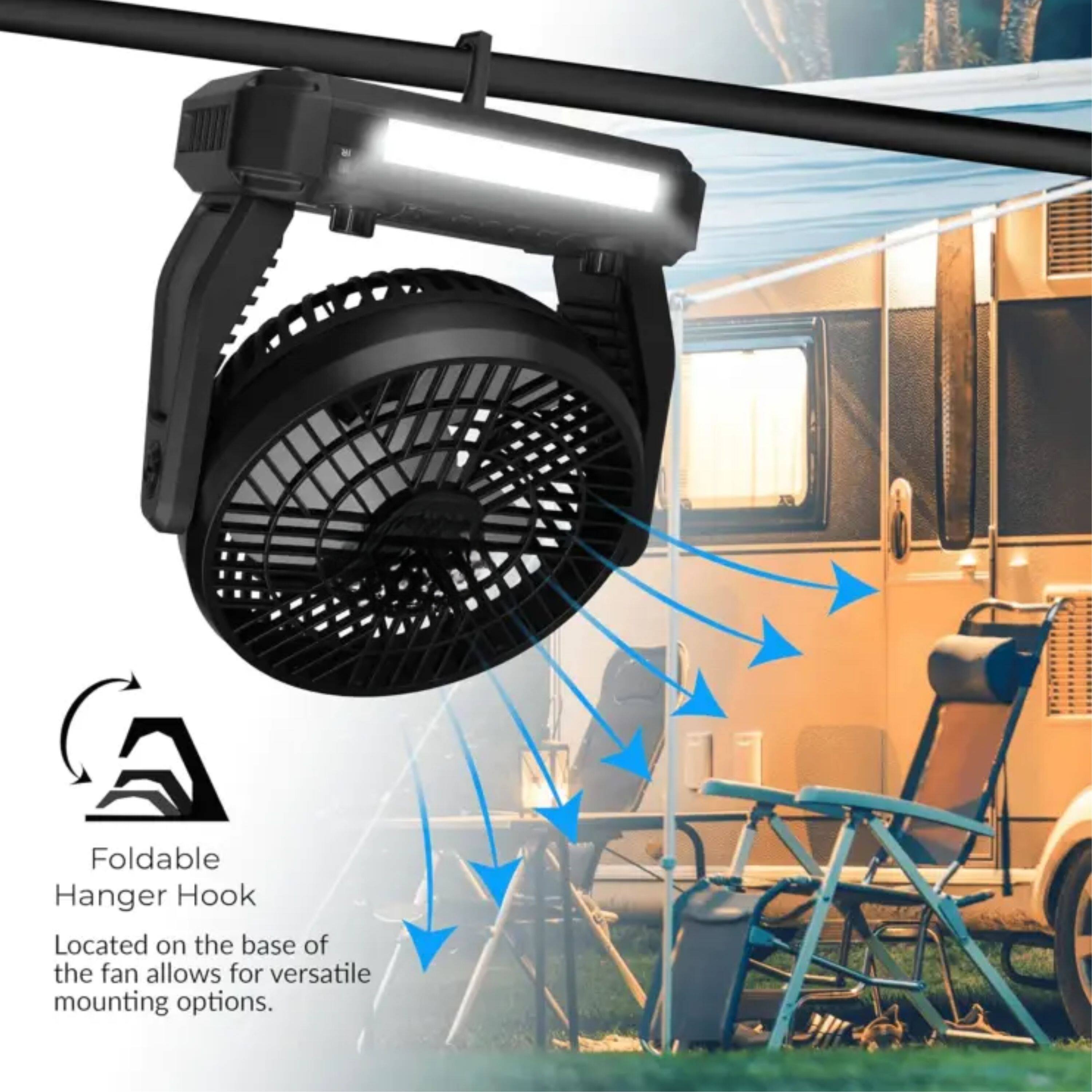 Foldable Hanger Hook  
Located on the base of the fan allows for versatile mounting options.