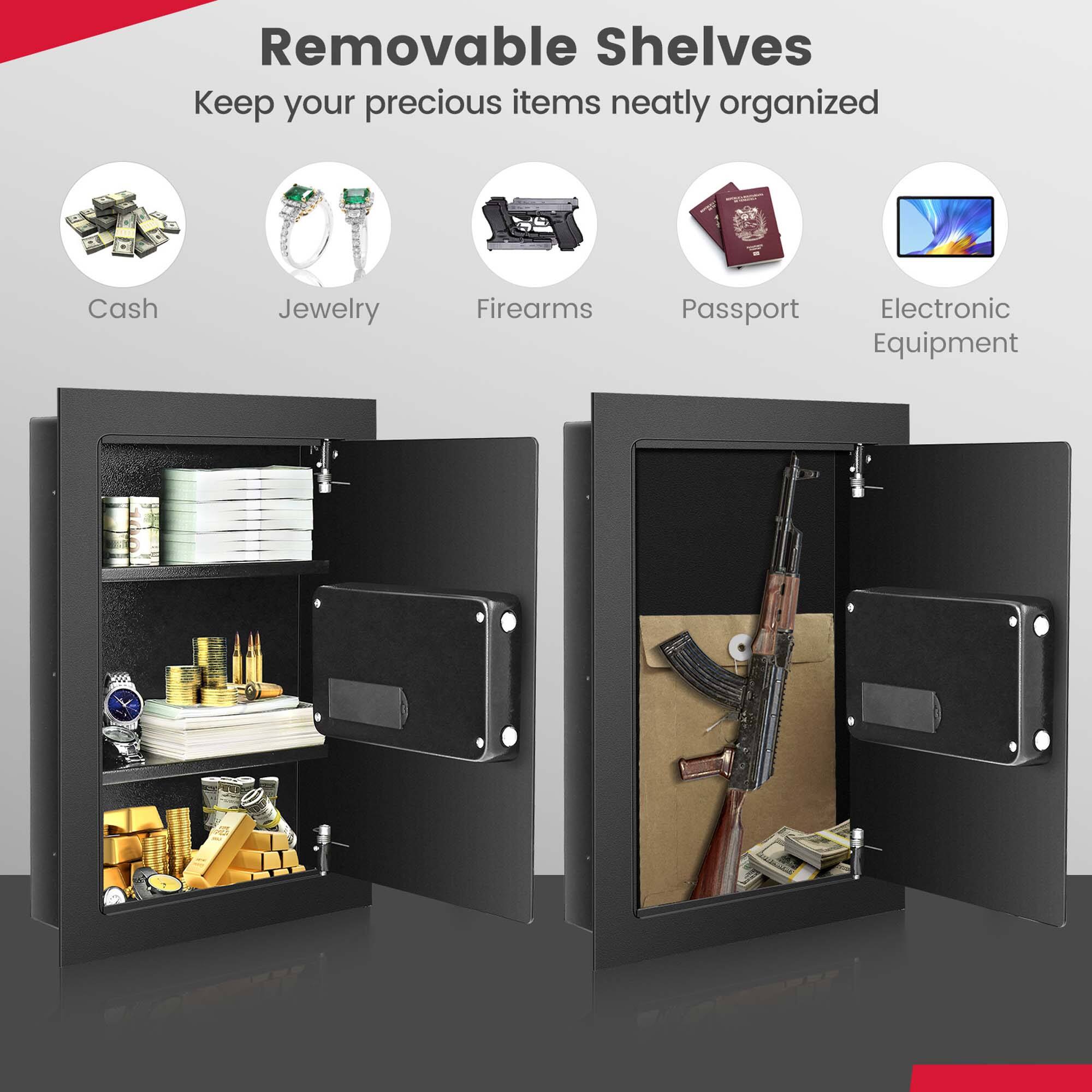 Removable Shelves  
Keep your precious items neatly organized

- Cash
- Jewelry
- Firearms
- Passport
- Electronic Equipment