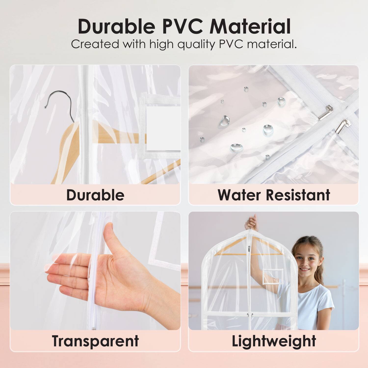 Durable PVC Material  
Created with high quality PVC material.

- Durable
- Water Resistant
- Transparent
- Lightweight