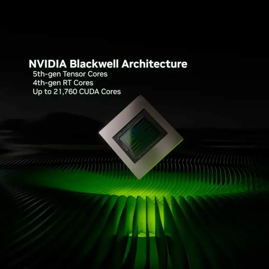 NVIDIA Blackwell Architecture: 5th-gen Tensor Cores, 4th-gen RT Cores, Up to 21,760 CUDA Cores.