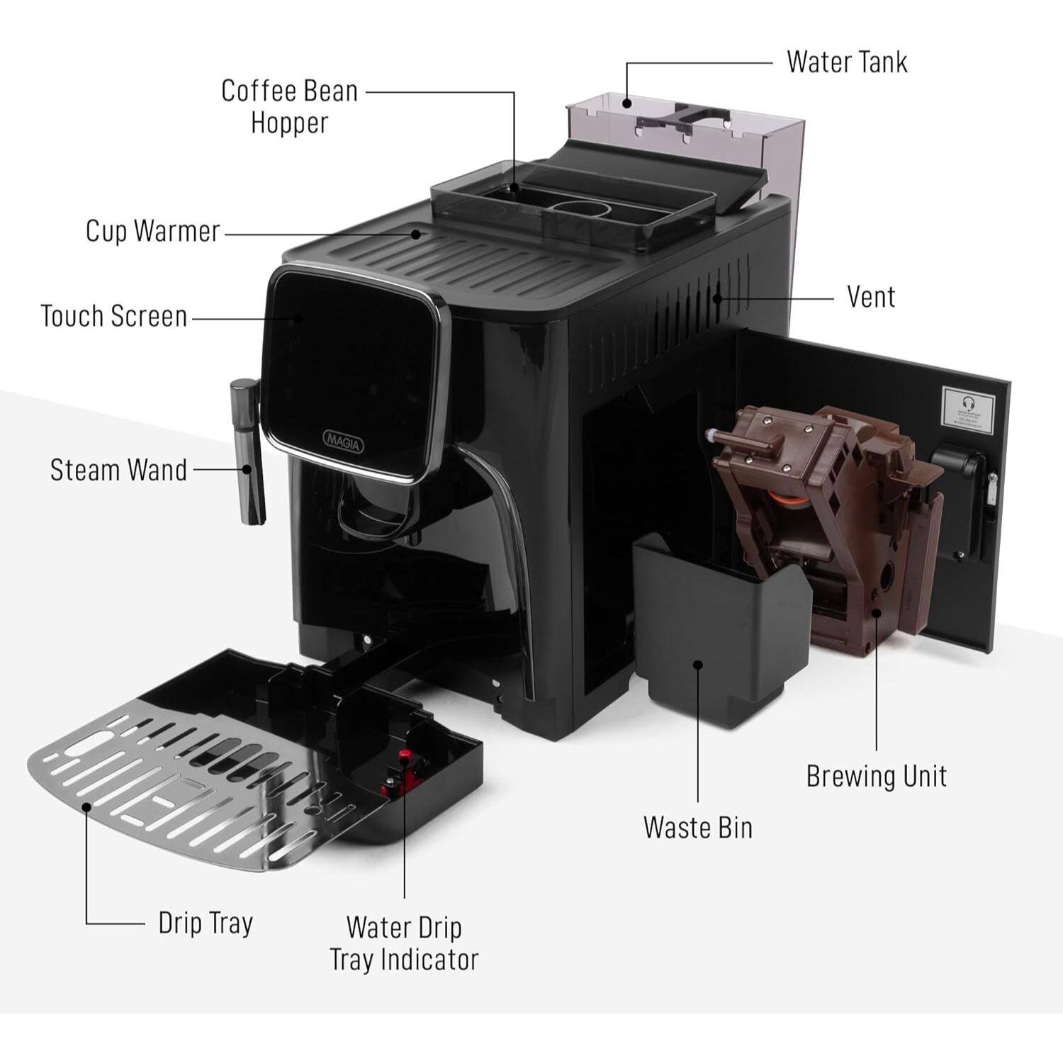 Coffee Bean Hopper, Water Tank, Cup Warmer, Touch Screen, Vent, Steam Wand, Waste Bin, Brewing Unit, Drip Tray, Water Drip Tray Indicator