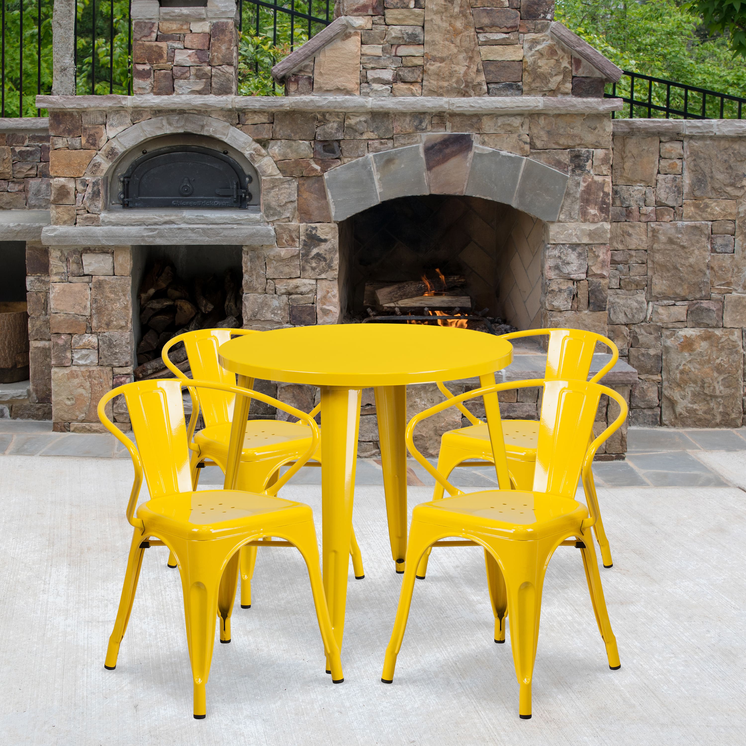 Emma + Oliver - Commercial Grade 30" Round Metal Indoor-Outdoor Table Set with 4 Arm Chairs - Yellow