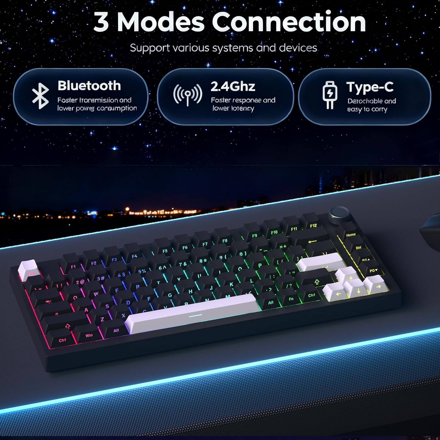 3 Modes Connection  
Support various systems and devices  

Bluetooth  
Faster transmission and lower power consumption  

2.4Ghz  
Faster response and lower latency  

Type-C  
Detachable and easy to carry  

1 F4 F3 F2 F1  
5% & S 1 3 2  
F w C F D S A x Z FS A T G F6 78 Y H  
F7 . " J B FB 9 K MA I 0 I C F9 P L F19 I : > Al FR 1 1 - 1? Fe F12  
Ctrl Win Alt