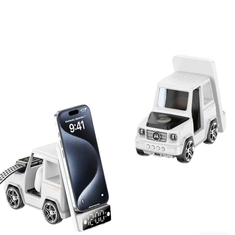 RISOKEYS - Car-Shaped Alarm Clock Speaker Wireless Charger - 3-in-1 Wireless Charging Stand for Phone, Earphones and Watch - White