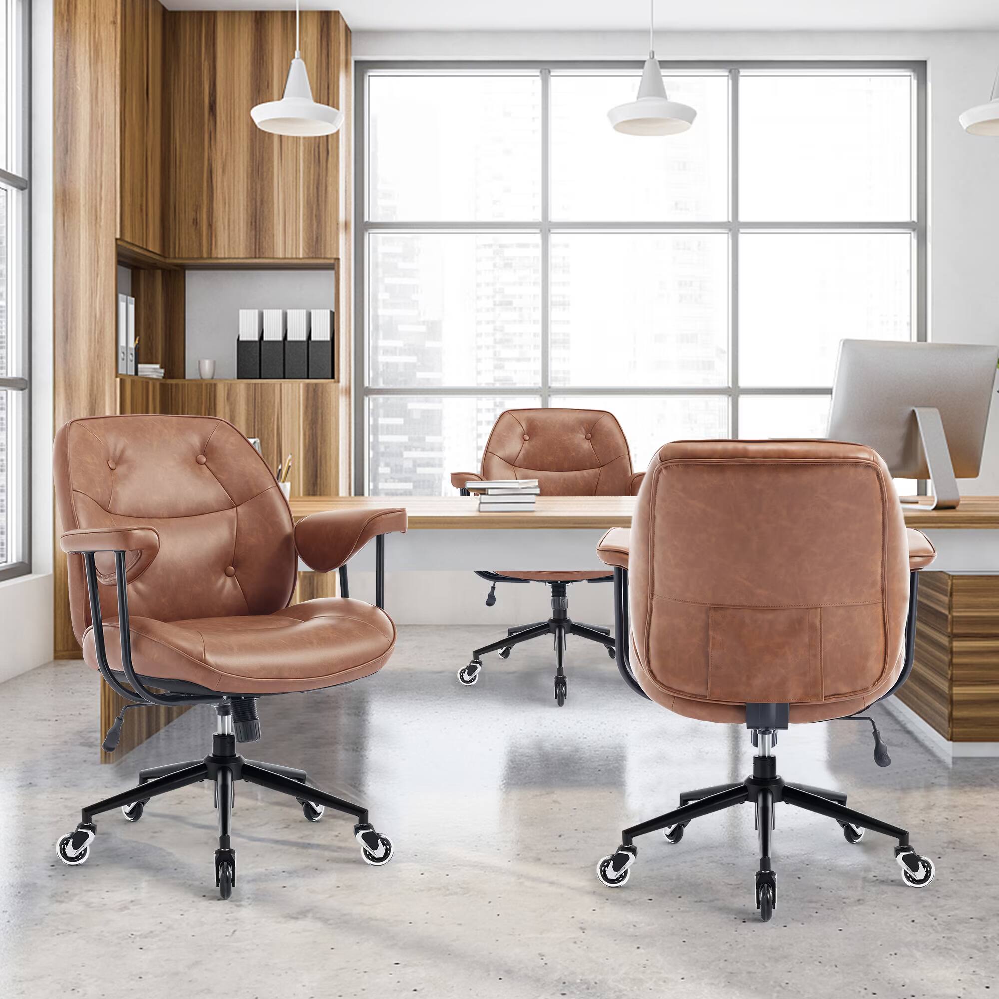 Alt View 4. Bestier - Mid Back Ergonomic Desk Chair Faux Leather Chair with Lumbar Support &Rubber Wheels, Swivel Rolling Office Chair - Brown.