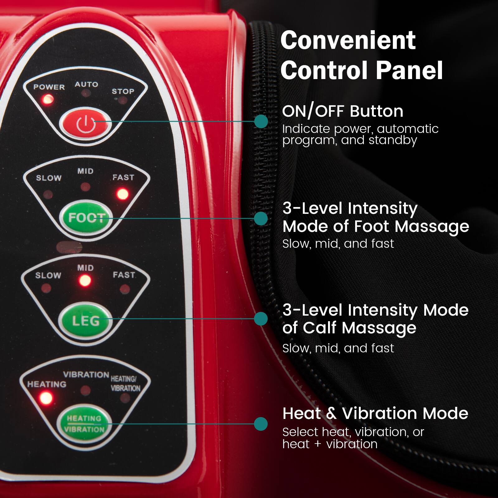 Convenient Control Panel

- ON/OFF Button  
  Indicate power, automatic program, and standby

- 3-Level Intensity Mode of Foot Massage  
  Slow, mid, and fast

- 3-Level Intensity Mode of Calf Massage  
  Slow, mid, and fast

- Heat & Vibration Mode  
  Select heat, vibration, or heat + vibration