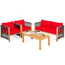 Costway - 4 PCS Acacia Wood Patio Conversation Set w/Cushions for Garden - Red