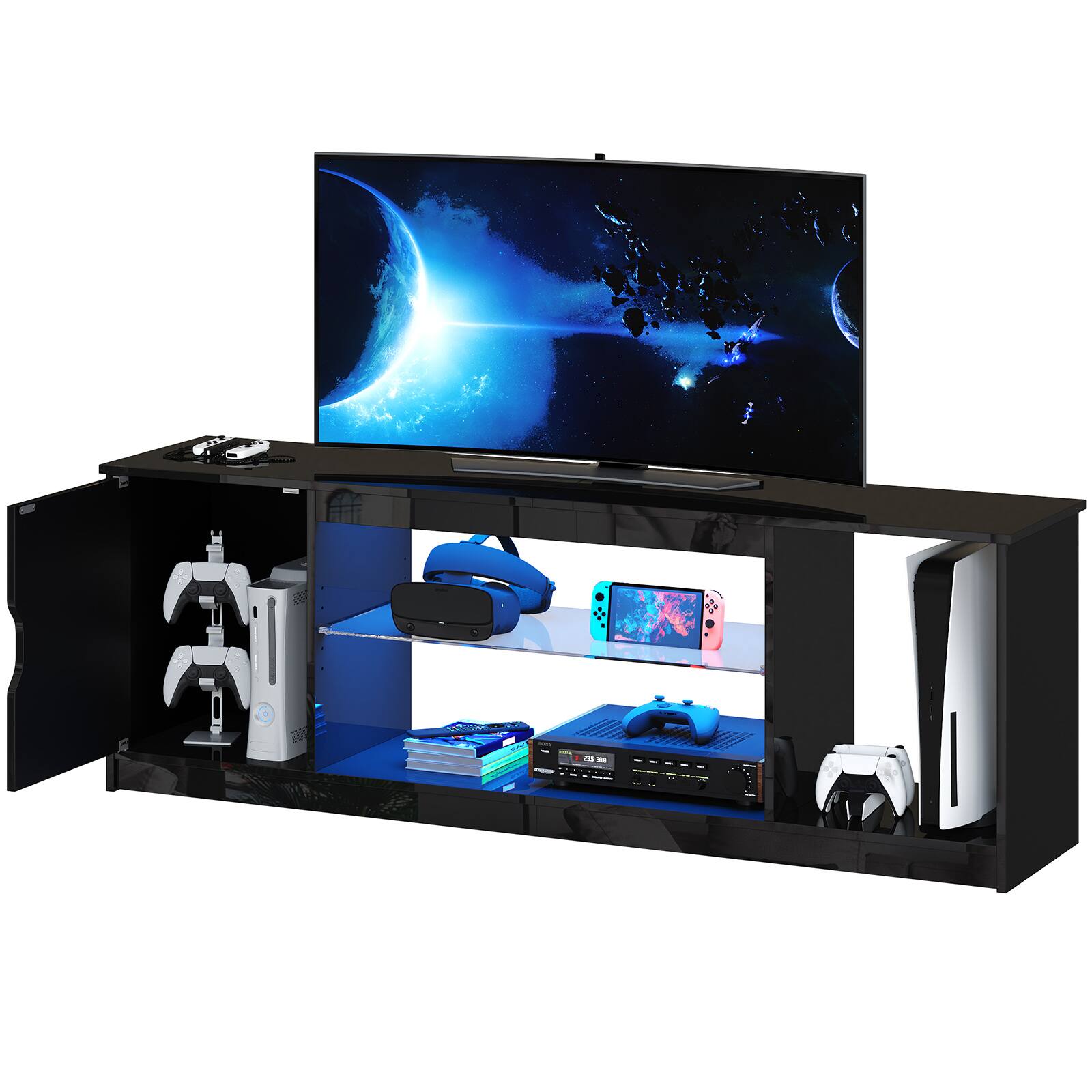 Bestier - 57-inch Gaming TV Stand with RGB Lights, Adjustable Glass Shelves & PS Console Storage - Glossy Black
