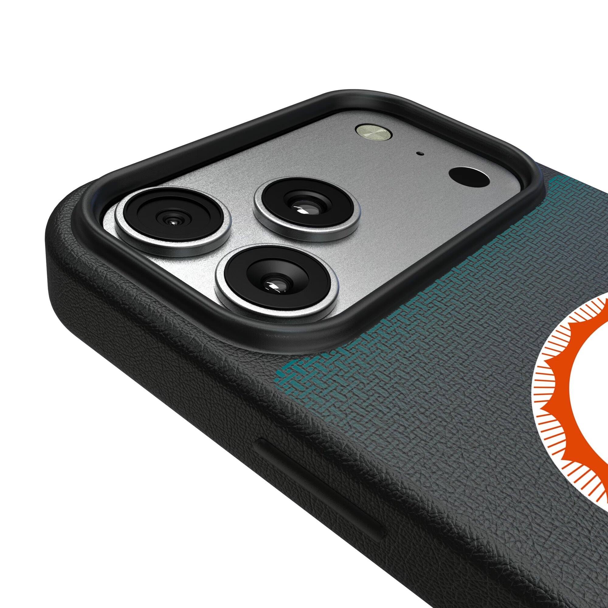 Alt View 2. Keyscaper - Miami Dolphins Linen Logo iPhone Magnetic Bump Case - 15 Plus - Black.