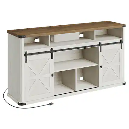 Front. Songmics Home - TV Stand for TVs up to 65", Farmhouse TV Console, 2 Sliding Barn Doors, for Living Room - White.