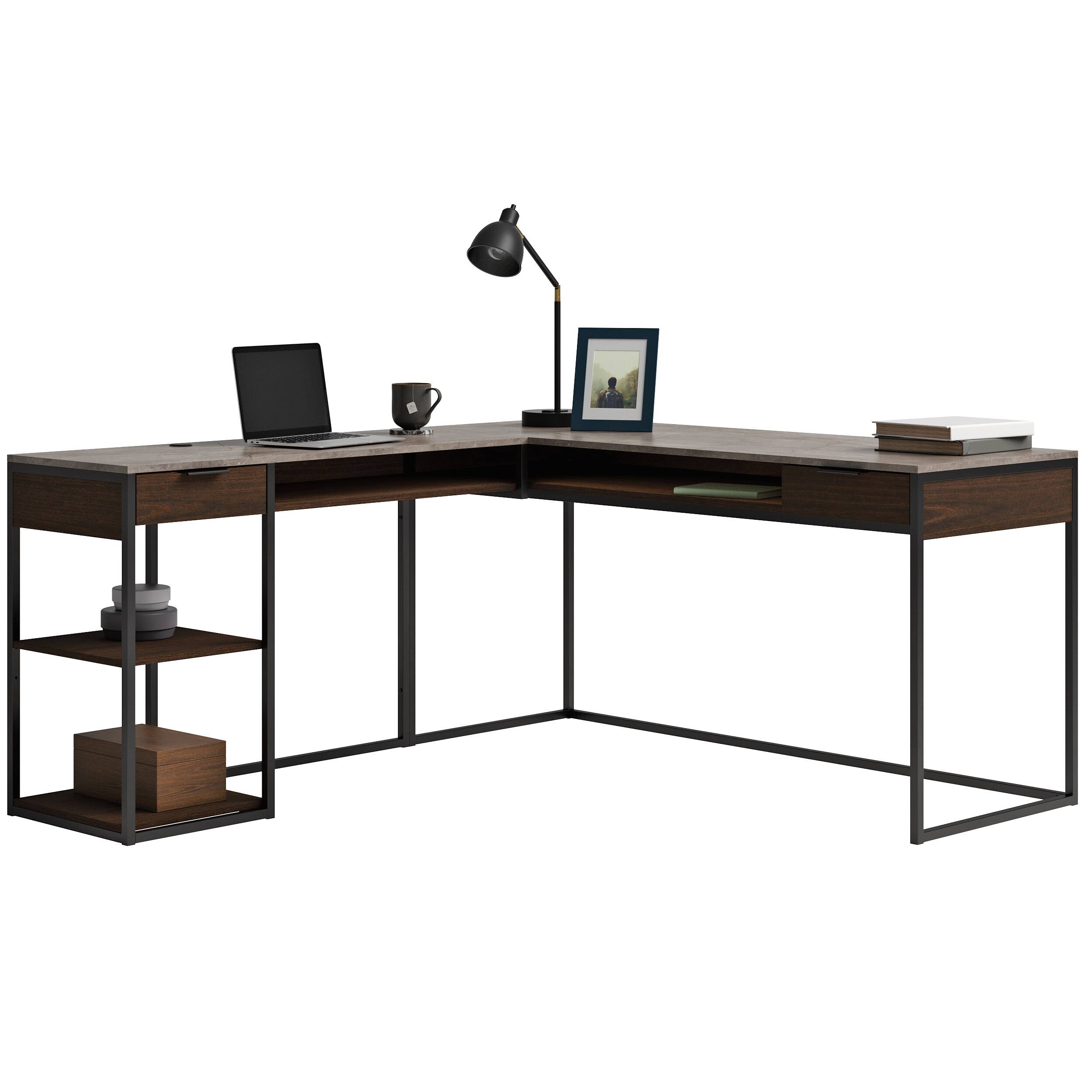 Angle. Spaco - L-Shaped Desk, 5 Tier Adjustable Shelf, Slim Space Solution, Lightweight Brown Bookcase - Brown.