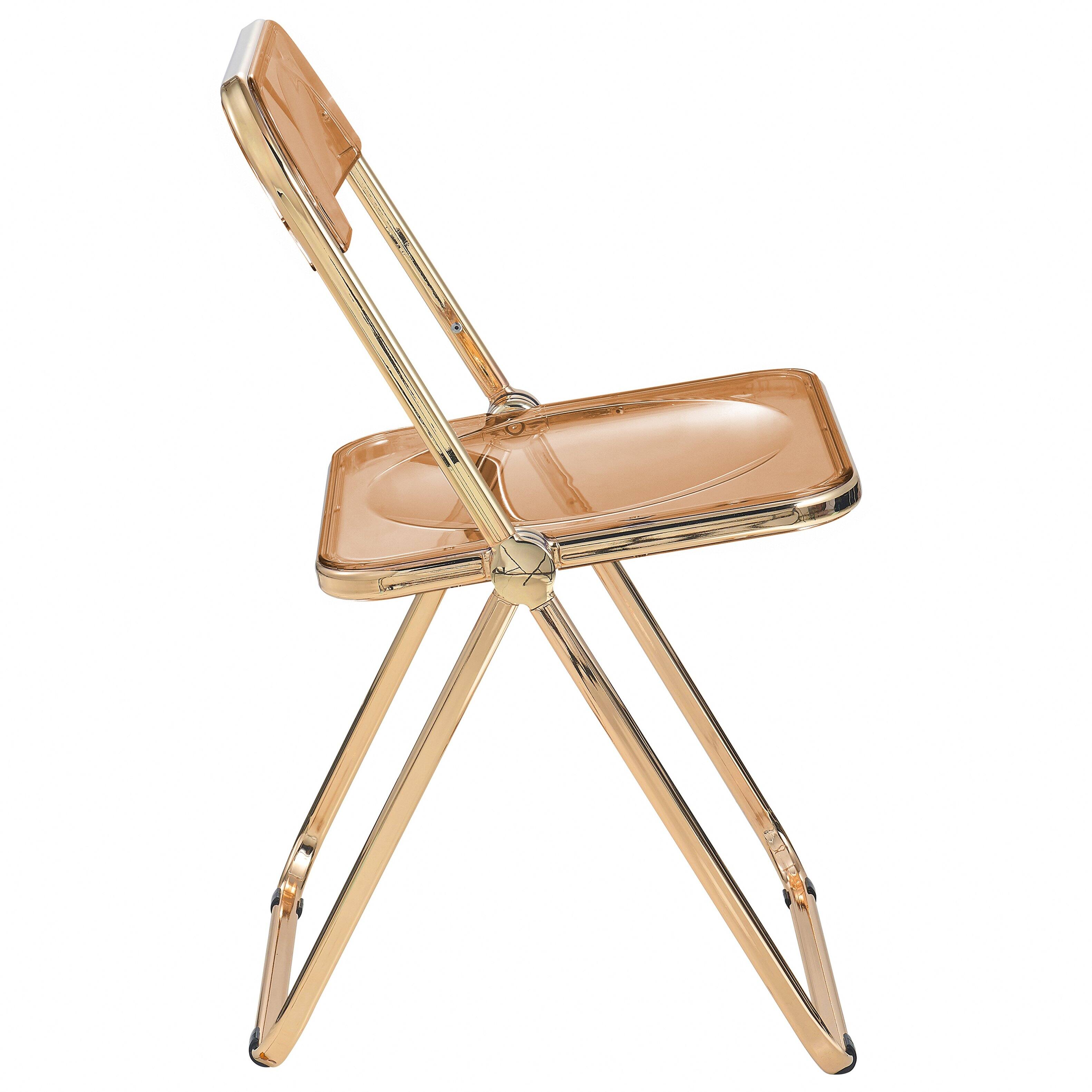 Alt View 4. LeisureMod - Lawrence Clear Acrylic Folding Chair, Modern Gold Chrome Frame, Fully Assembled Portable Dining Seat - Tangerine.