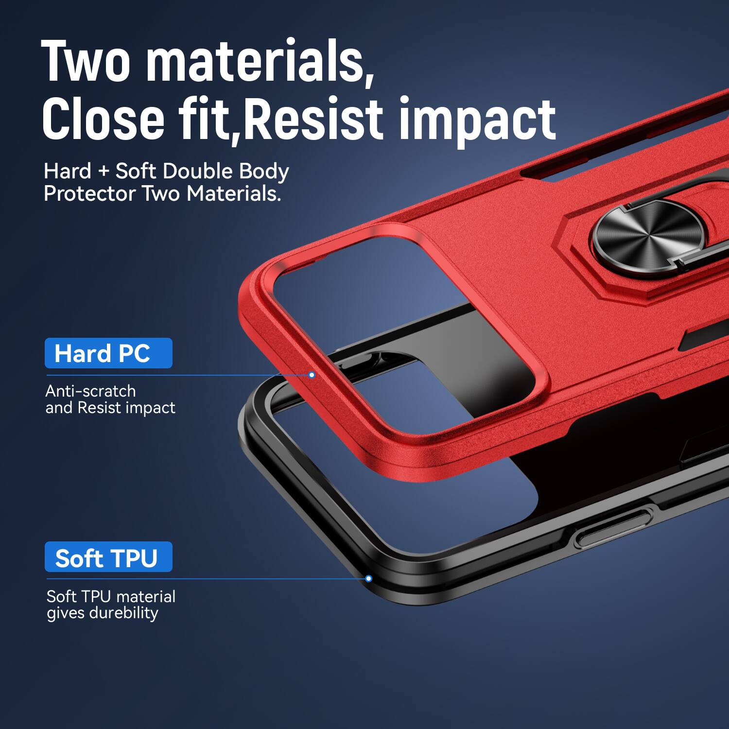Two materials, Close fit, Resist impact  
Hard + Soft Double Body Protector Two Materials.  
Hard PC  
Anti-scratch and Resist impact  
Soft TPU  
Soft TPU material gives durability