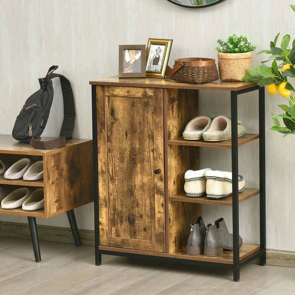 Alt View 5. Pefilos - Multipurpose Freestanding Storage Cabinet, Cabinet with 3 Open Shelves and Doors, Cabinet for Indoor, Brown - Brown.