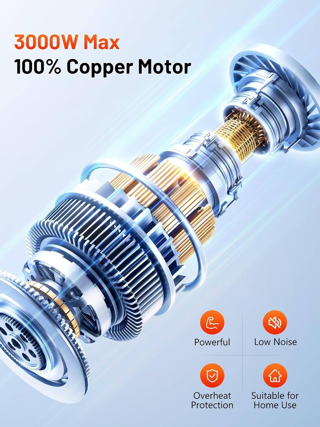 3000W Max  
100% Copper Motor  

- Powerful  
- Low Noise  
- Overheat Protection  
- Suitable for Home Use