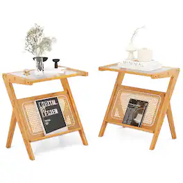 Gymax - 2 Pieces Boho End Table with Magazine Rack Versatile Bamboo Bedside Table w/ Rattan Shelf - Natural